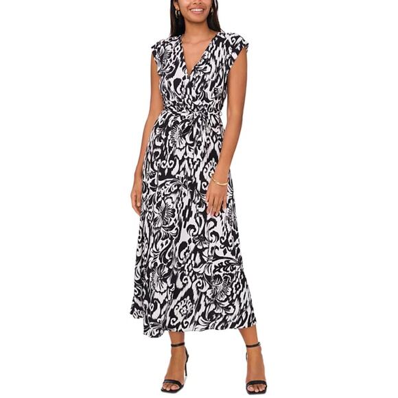 SAM JESS WOMENS SIZE XLARGE PRINTED V-NECK BELTED MAXI DRESS BLACK WHITE - Picture 1 of 12